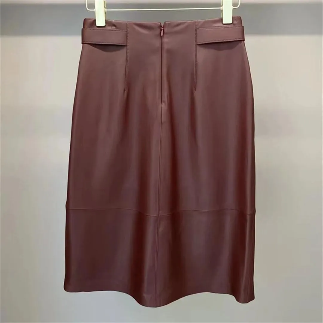 Women Minimalist Classic Lambskin Pencil Skirt Genuine Sheepskin Burgundy Midi Side Belt Slit Short Skirt