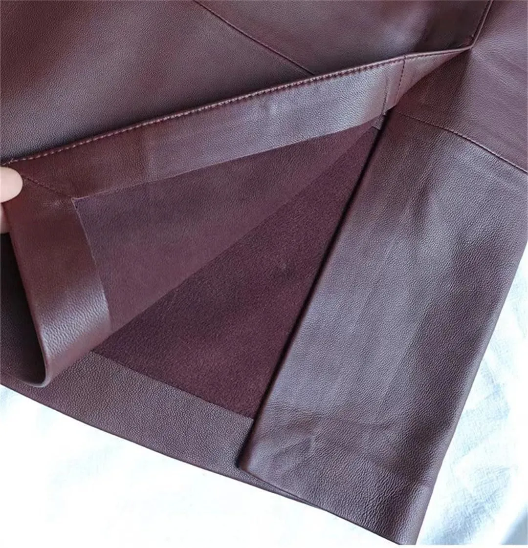 Women Minimalist Classic Lambskin Pencil Skirt Genuine Sheepskin Burgundy Midi Side Belt Slit Short Skirt