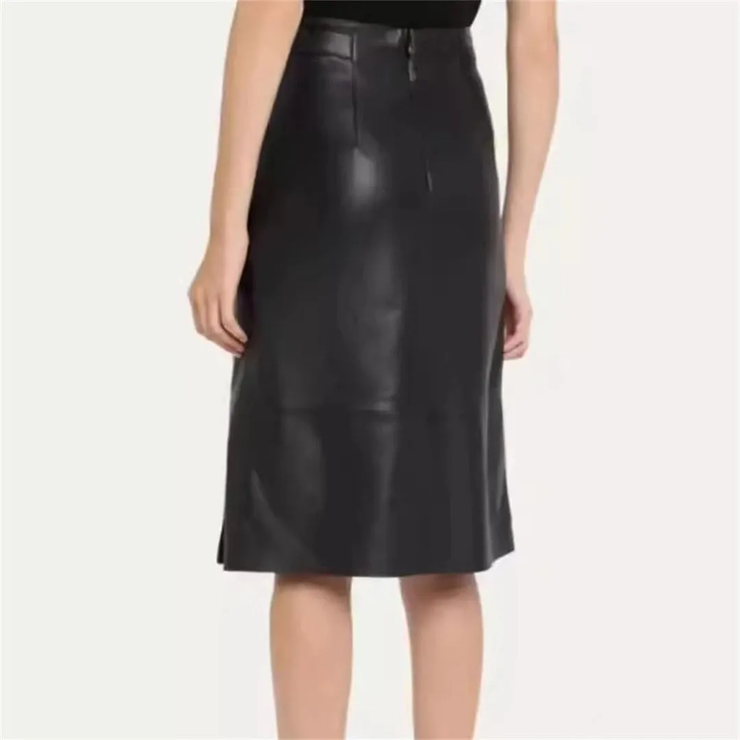 Women Minimalist Classic Lambskin Pencil Skirt Genuine Sheepskin Burgundy Midi Side Belt Slit Short Skirt