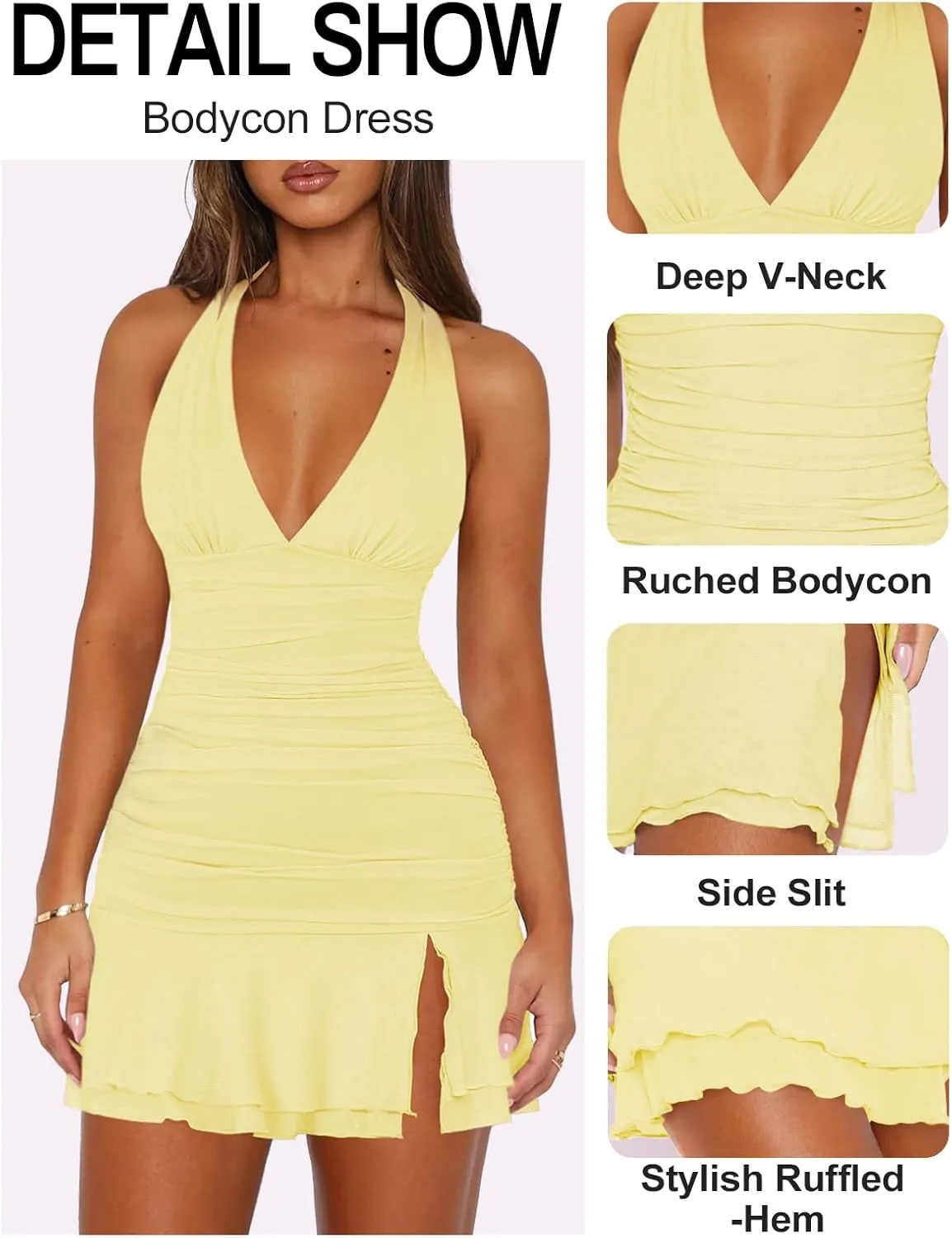 Women Sexy Halter Deep V Neck Ruched Bodycon Dress Summer Side Slit Mesh Hem Cocktail Club Party Short Mini Dresses