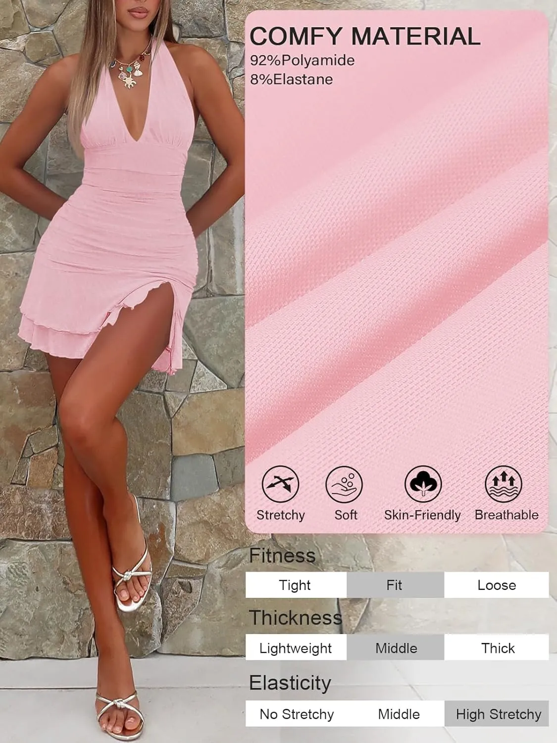 Women Sexy Halter Deep V Neck Ruched Bodycon Dress Summer Side Slit Mesh Hem Cocktail Club Party Short Mini Dresses