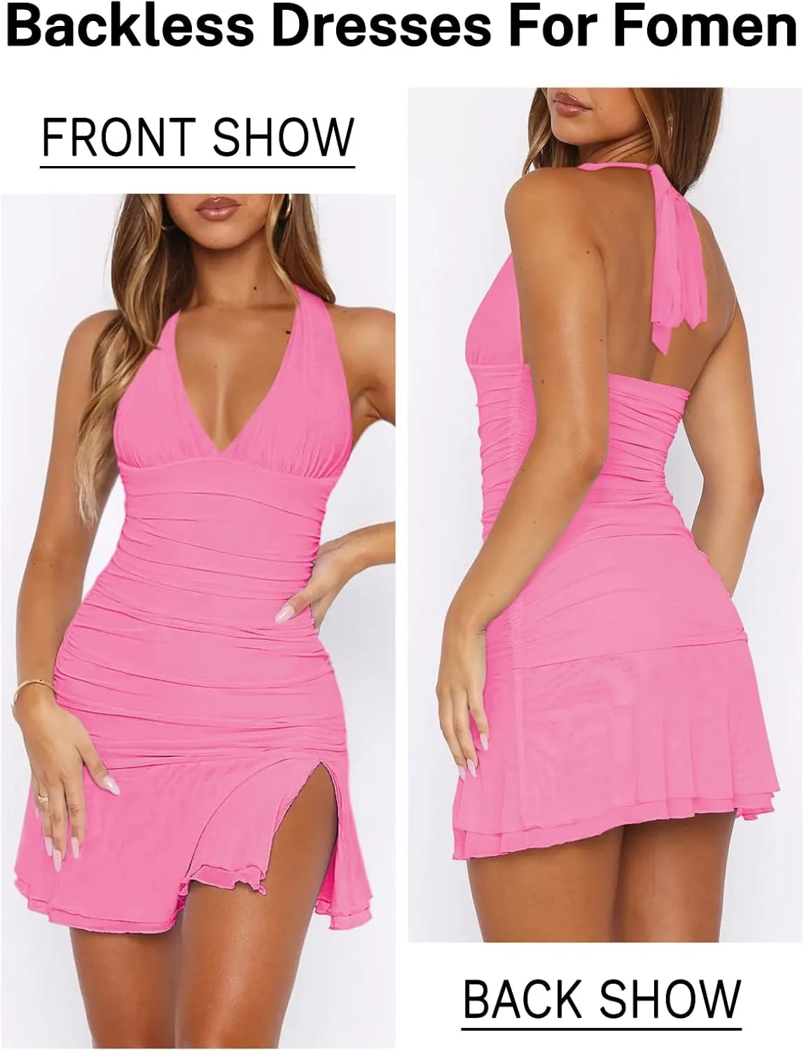 Women Sexy Halter Deep V Neck Ruched Bodycon Dress Summer Side Slit Mesh Hem Cocktail Club Party Short Mini Dresses