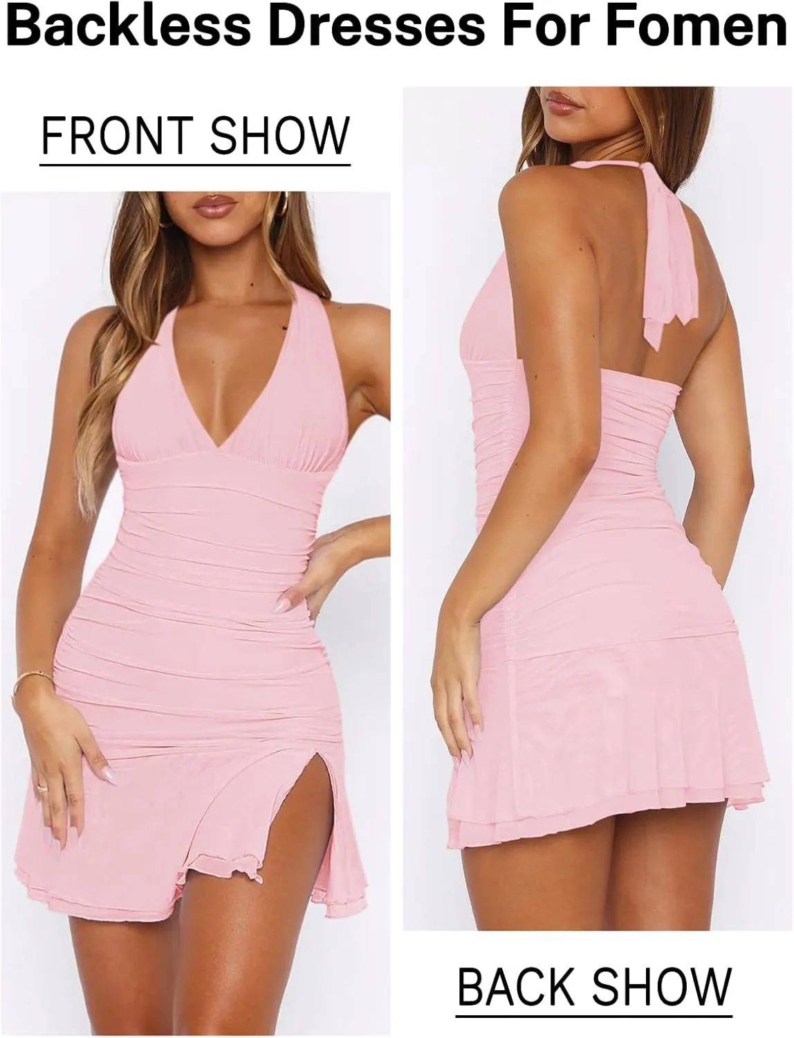 Women Sexy Halter Deep V Neck Ruched Bodycon Dress Summer Side Slit Mesh Hem Cocktail Club Party Short Mini Dresses