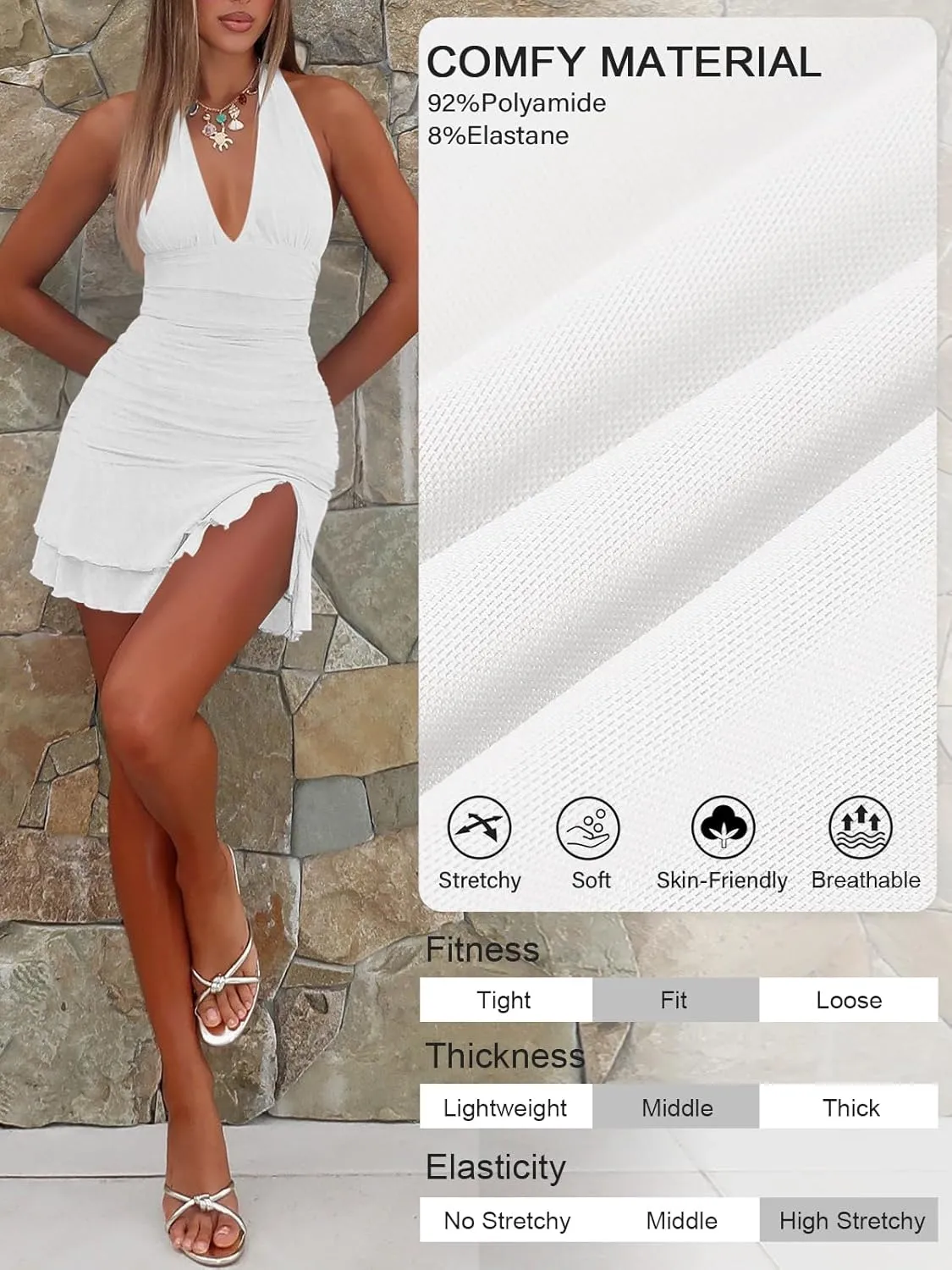 Women Sexy Halter Deep V Neck Ruched Bodycon Dress Summer Side Slit Mesh Hem Cocktail Club Party Short Mini Dresses