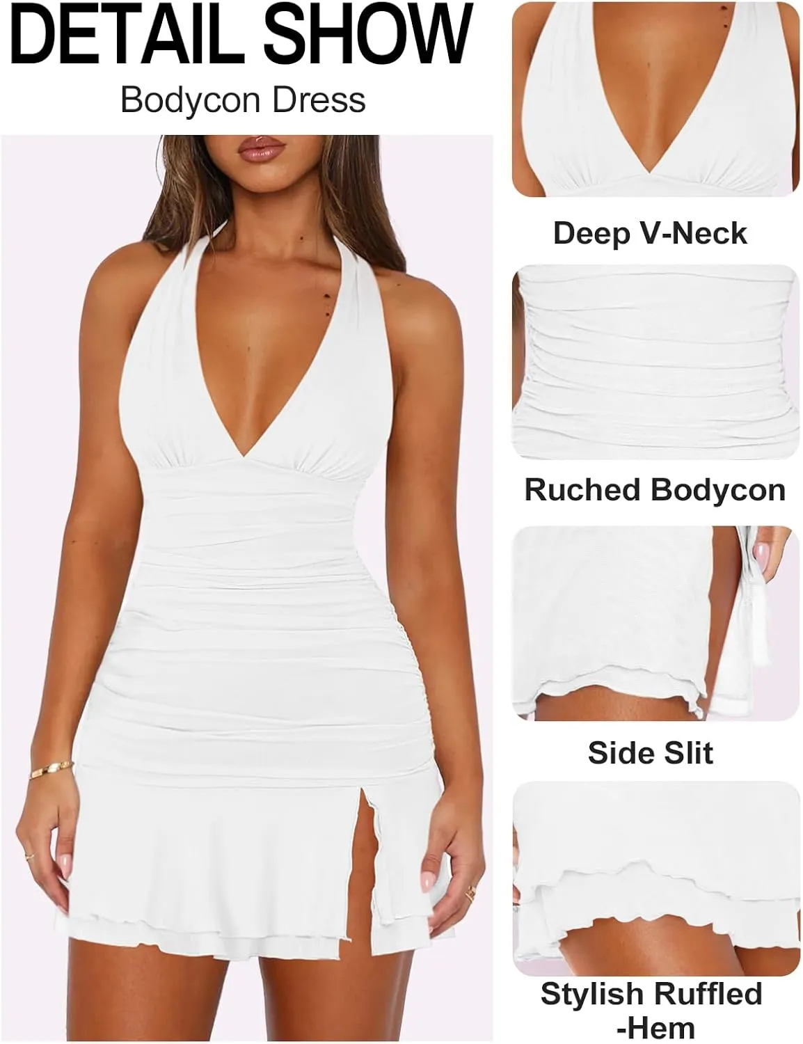 Women Sexy Halter Deep V Neck Ruched Bodycon Dress Summer Side Slit Mesh Hem Cocktail Club Party Short Mini Dresses