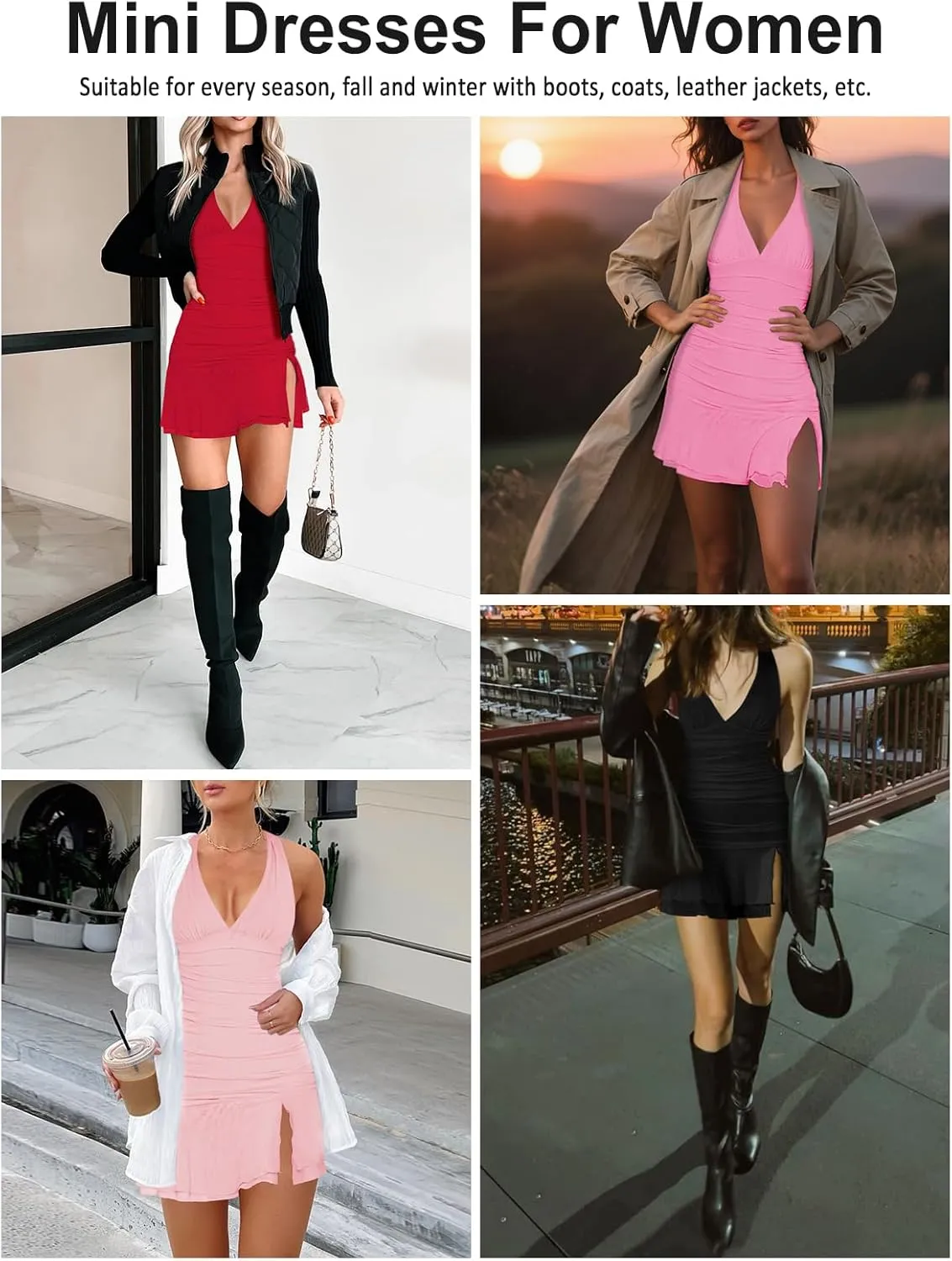 Women Sexy Halter Deep V Neck Ruched Bodycon Dress Summer Side Slit Mesh Hem Cocktail Club Party Short Mini Dresses