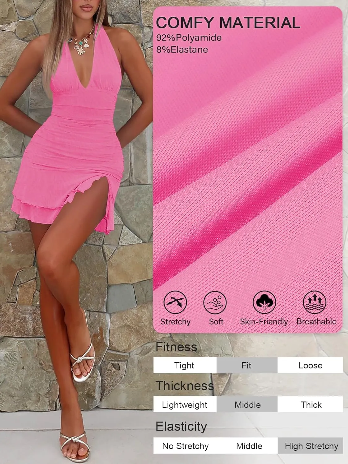 Women Sexy Halter Deep V Neck Ruched Bodycon Dress Summer Side Slit Mesh Hem Cocktail Club Party Short Mini Dresses