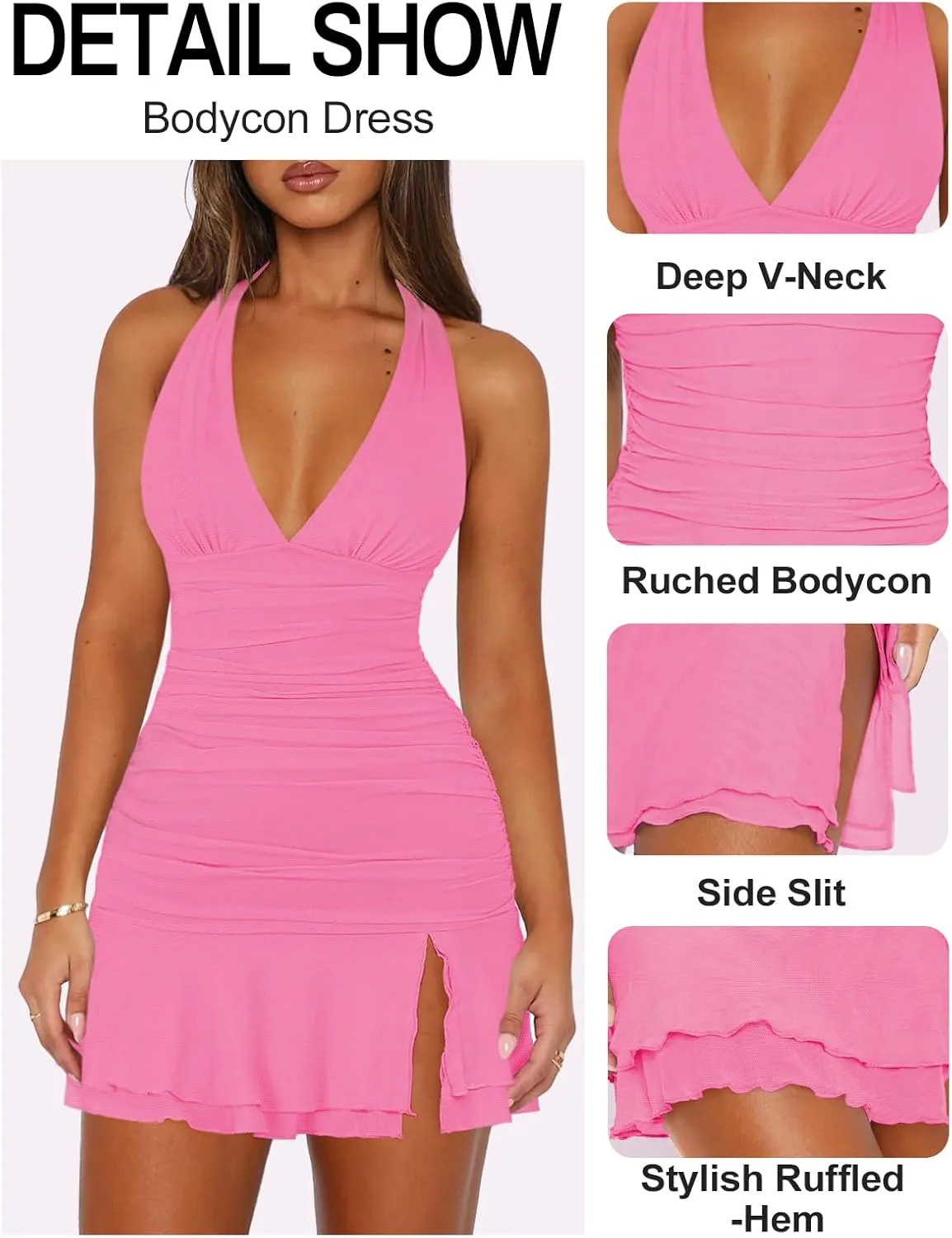 Women Sexy Halter Deep V Neck Ruched Bodycon Dress Summer Side Slit Mesh Hem Cocktail Club Party Short Mini Dresses