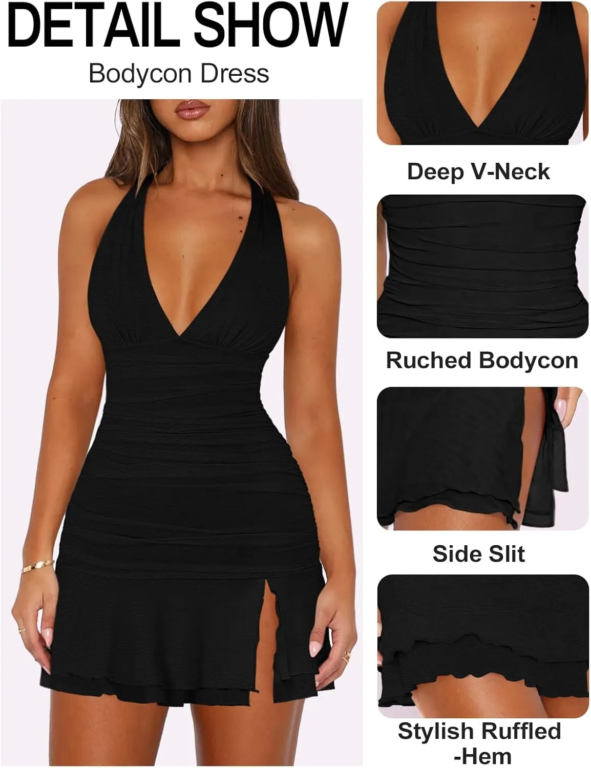 Women Sexy Halter Deep V Neck Ruched Bodycon Dress Summer Side Slit Mesh Hem Cocktail Club Party Short Mini Dresses