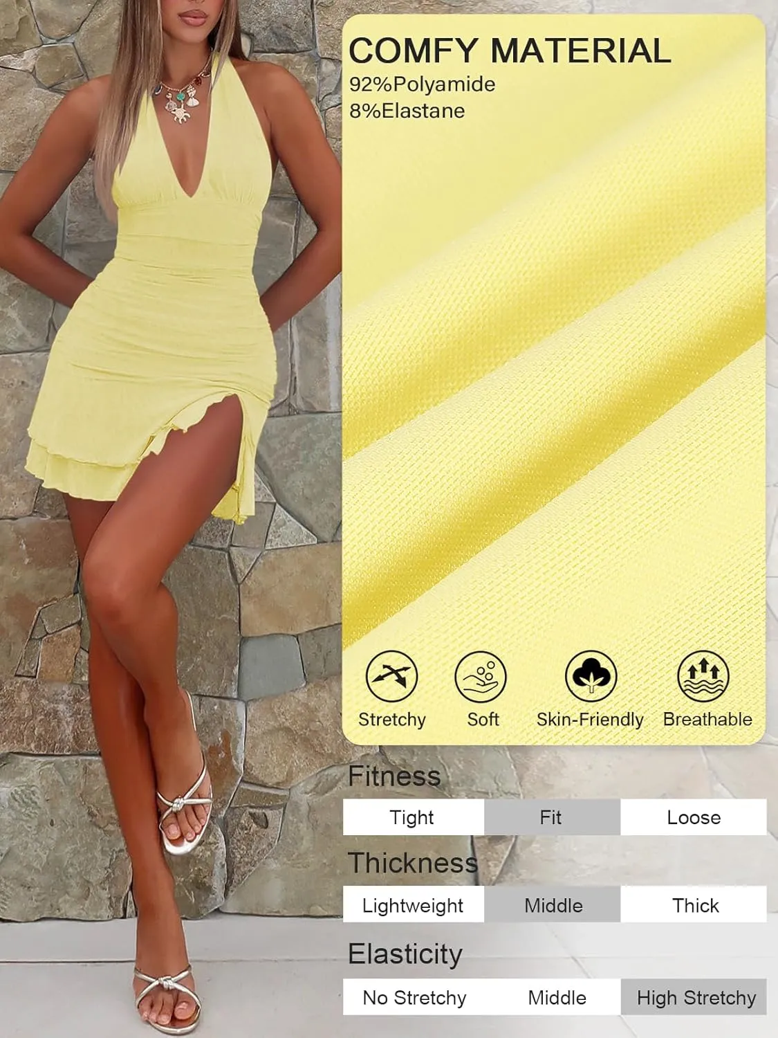 Women Sexy Halter Deep V Neck Ruched Bodycon Dress Summer Side Slit Mesh Hem Cocktail Club Party Short Mini Dresses