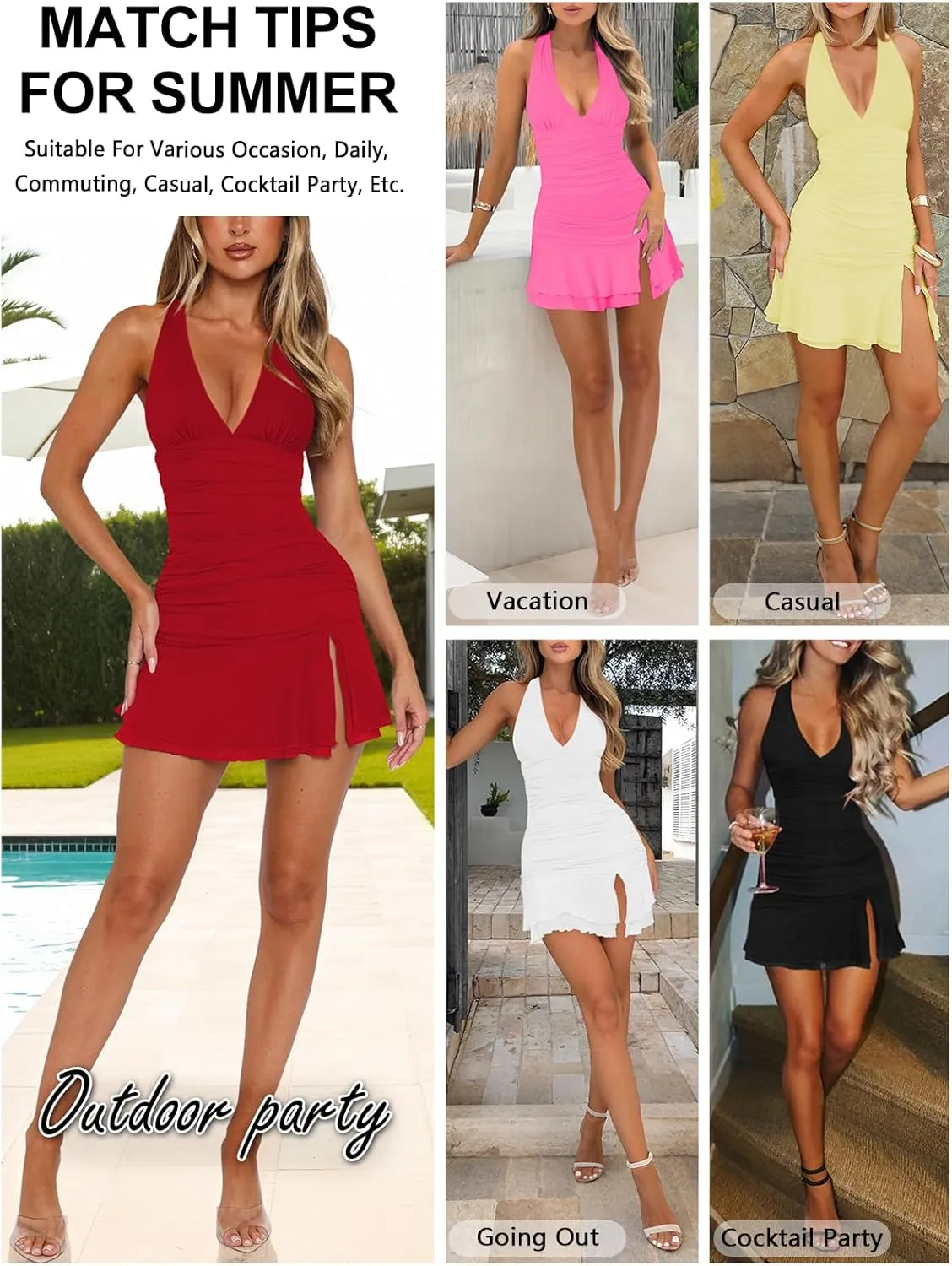 Women Sexy Halter Deep V Neck Ruched Bodycon Dress Summer Side Slit Mesh Hem Cocktail Club Party Short Mini Dresses
