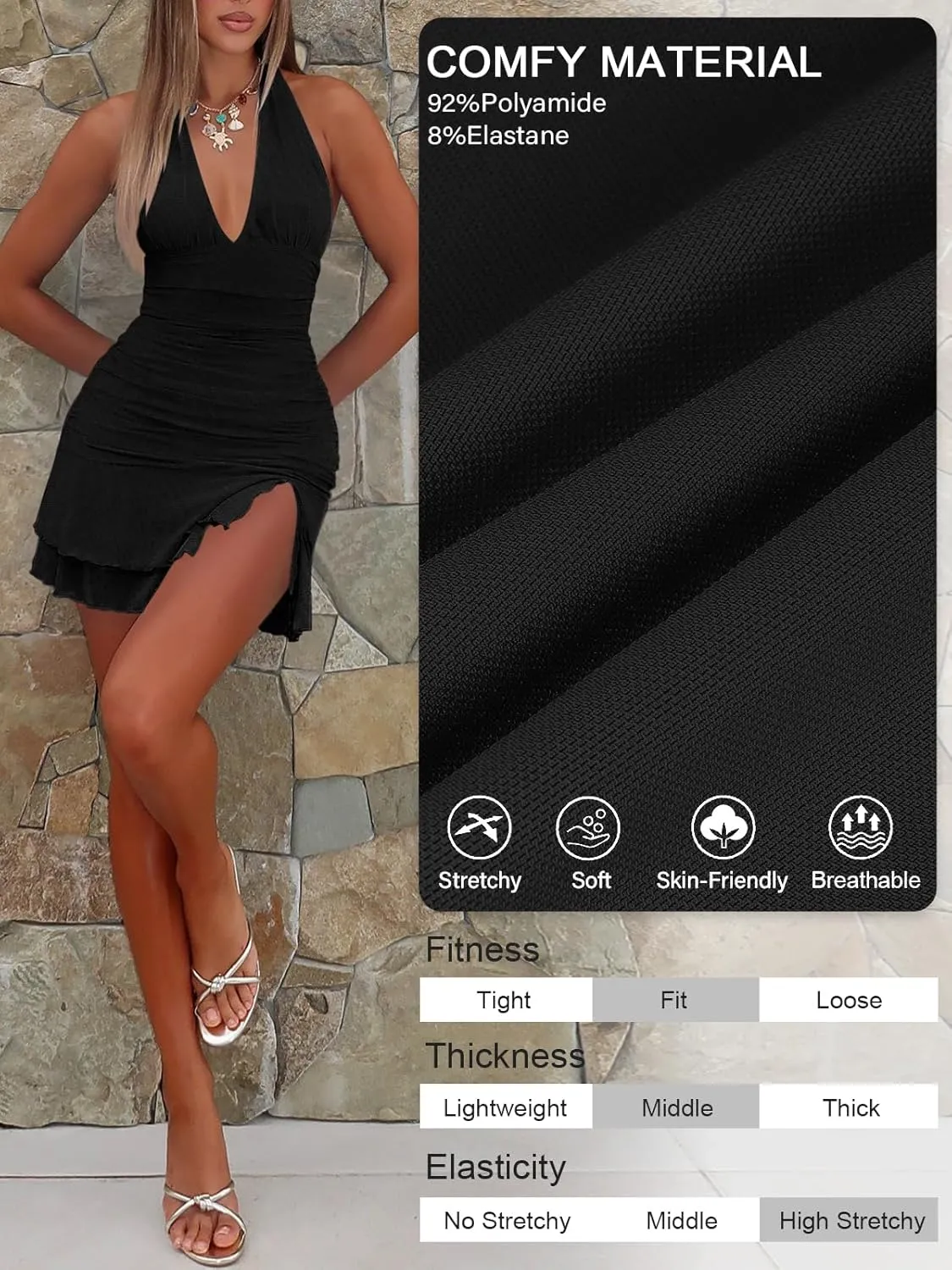 Women Sexy Halter Deep V Neck Ruched Bodycon Dress Summer Side Slit Mesh Hem Cocktail Club Party Short Mini Dresses