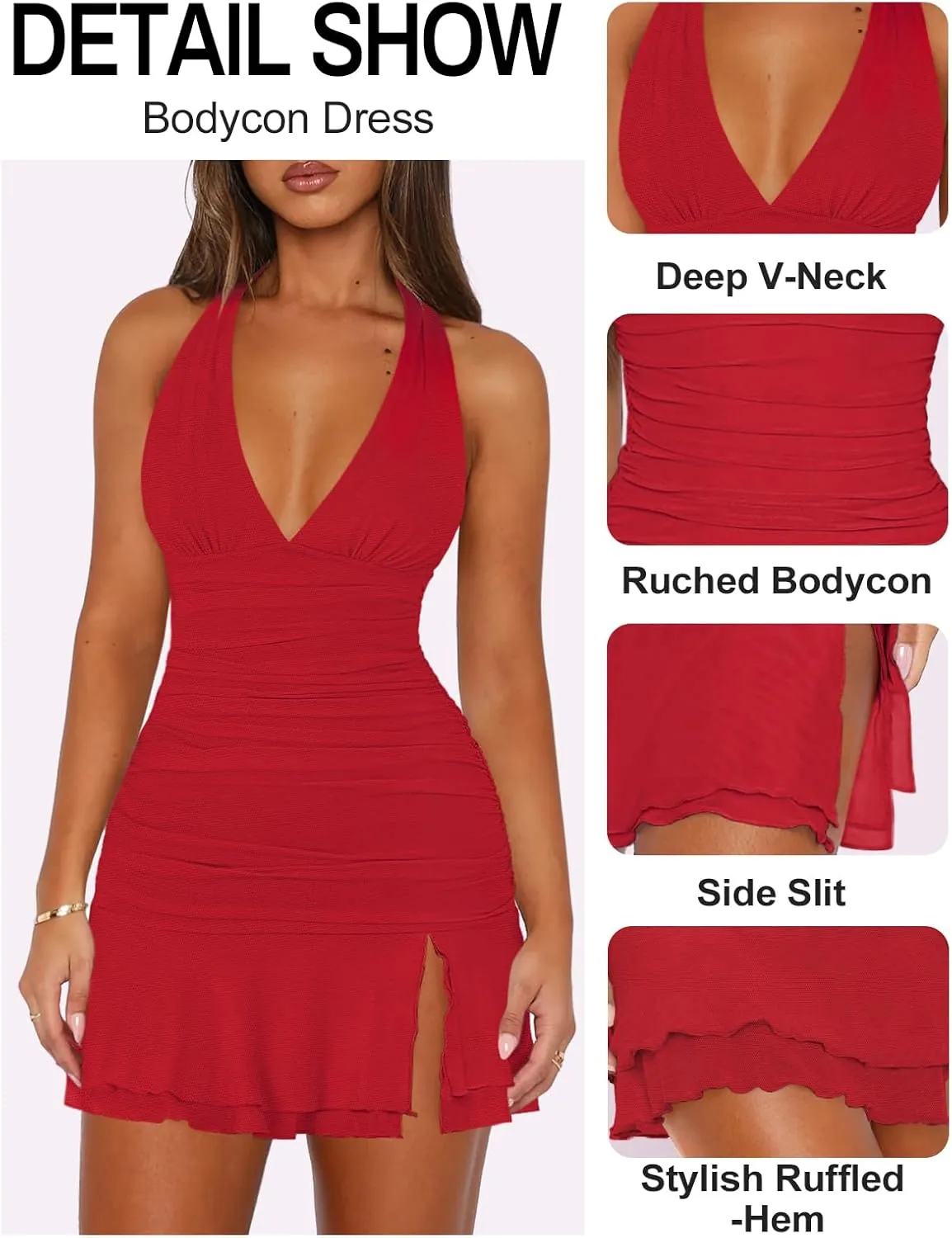Women Sexy Halter Deep V Neck Ruched Bodycon Dress Summer Side Slit Mesh Hem Cocktail Club Party Short Mini Dresses