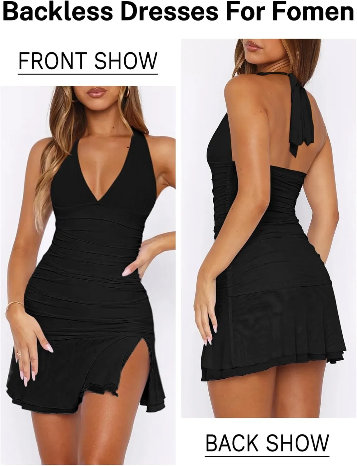 Women Sexy Halter Deep V Neck Ruched Bodycon Dress Summer Side Slit Mesh Hem Cocktail Club Party Short Mini Dresses