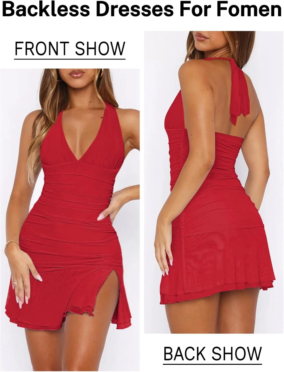 Women Sexy Halter Deep V Neck Ruched Bodycon Dress Summer Side Slit Mesh Hem Cocktail Club Party Short Mini Dresses