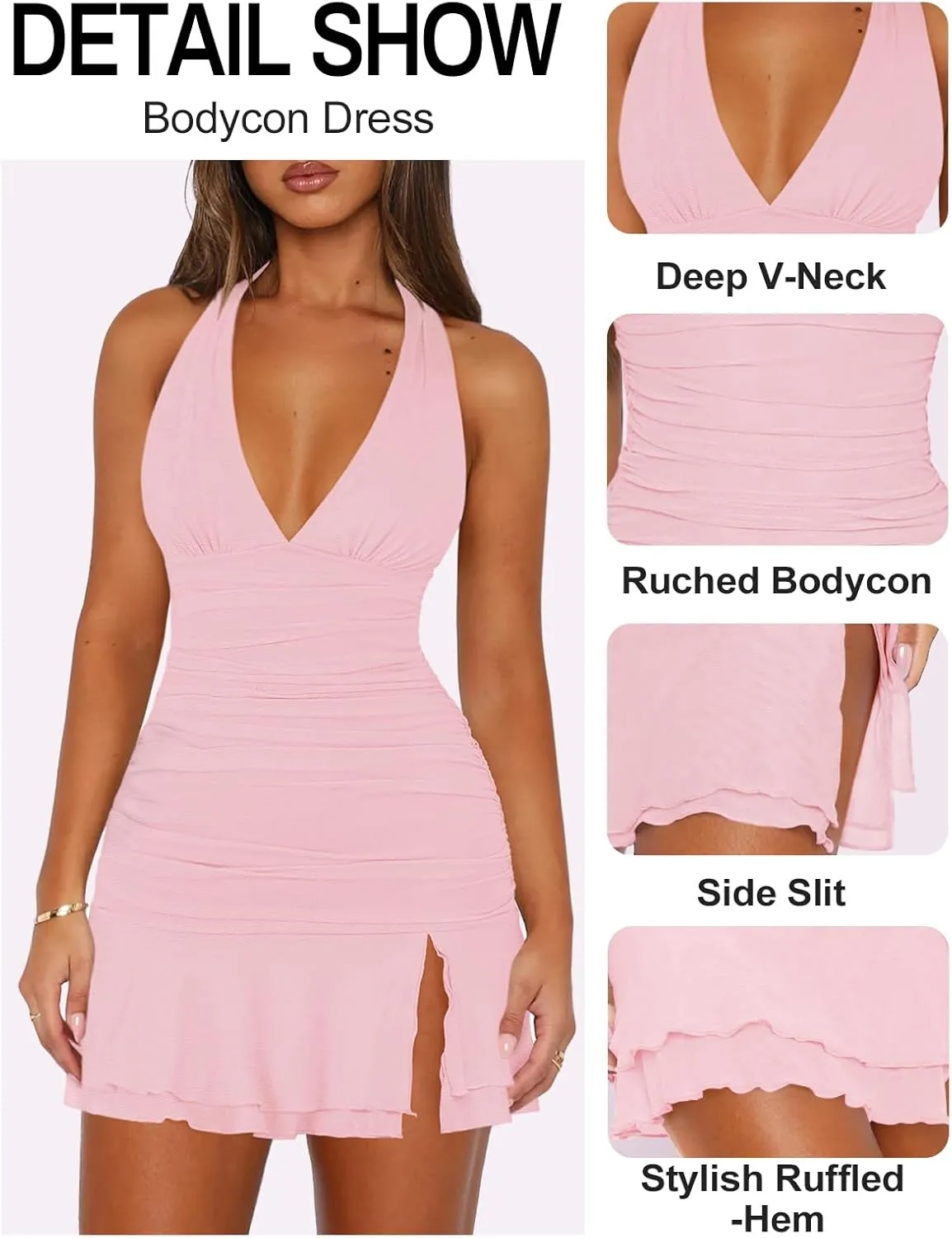 Women Sexy Halter Deep V Neck Ruched Bodycon Dress Summer Side Slit Mesh Hem Cocktail Club Party Short Mini Dresses
