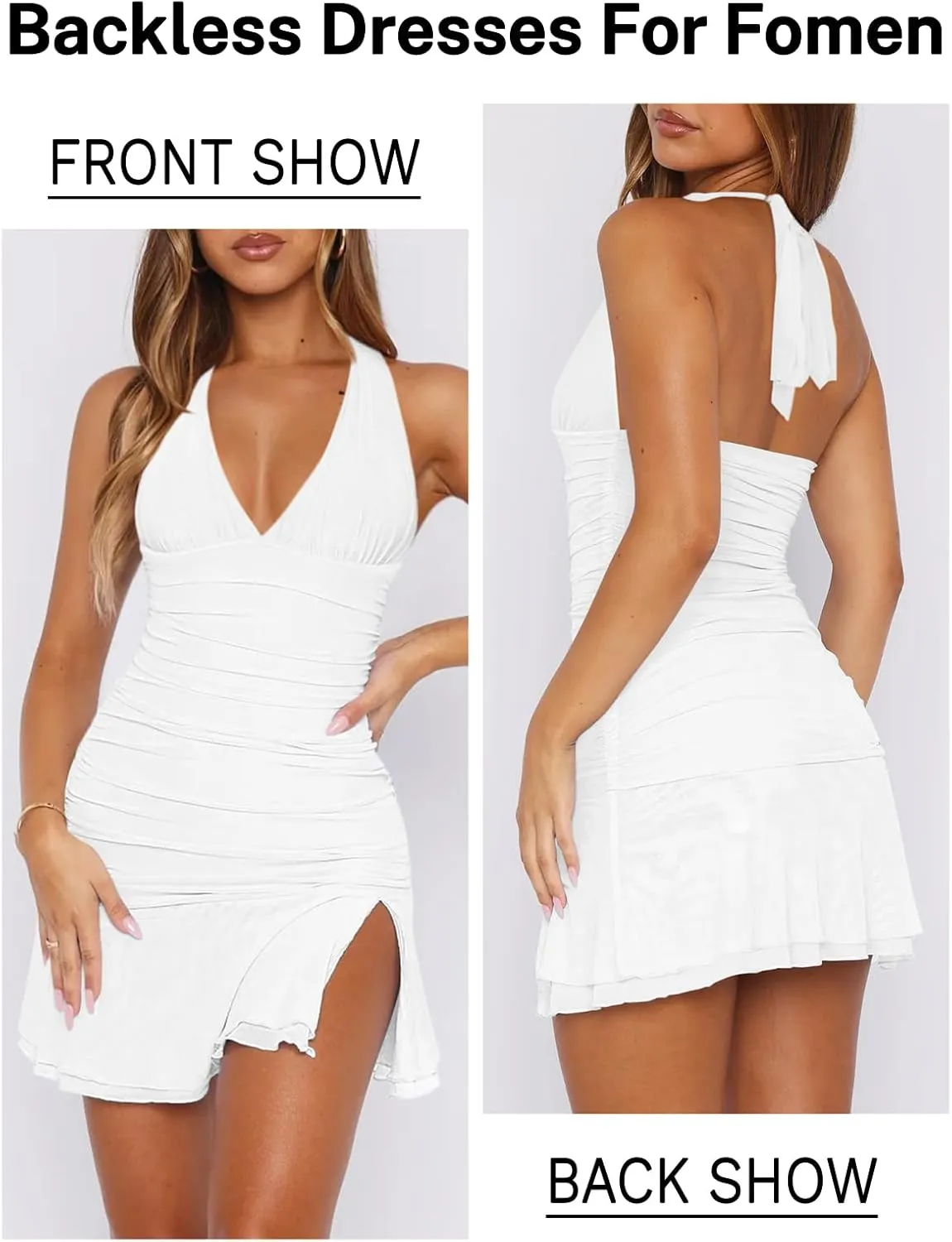 Women Sexy Halter Deep V Neck Ruched Bodycon Dress Summer Side Slit Mesh Hem Cocktail Club Party Short Mini Dresses