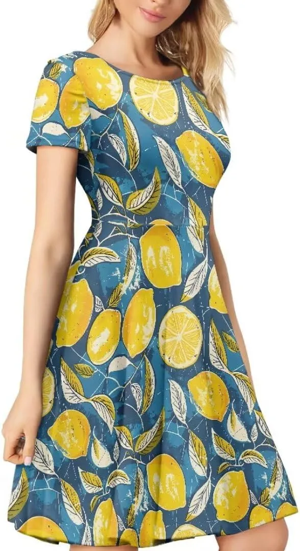 Women Short Sleeve Crew Neck Dresses Cute Graphic Summer Hawaiian Dress for Beach Party
