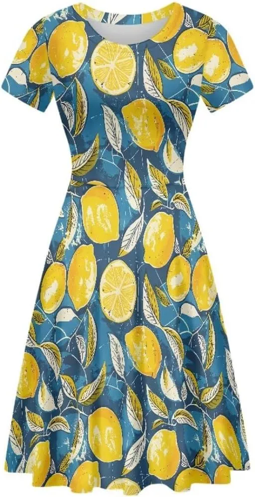 Women Short Sleeve Crew Neck Dresses Cute Graphic Summer Hawaiian Dress for Beach Party