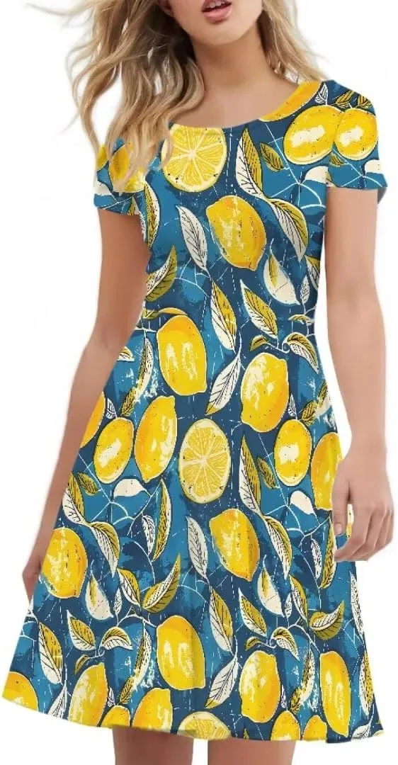 Women Short Sleeve Crew Neck Dresses Cute Graphic Summer Hawaiian Dress for Beach Party