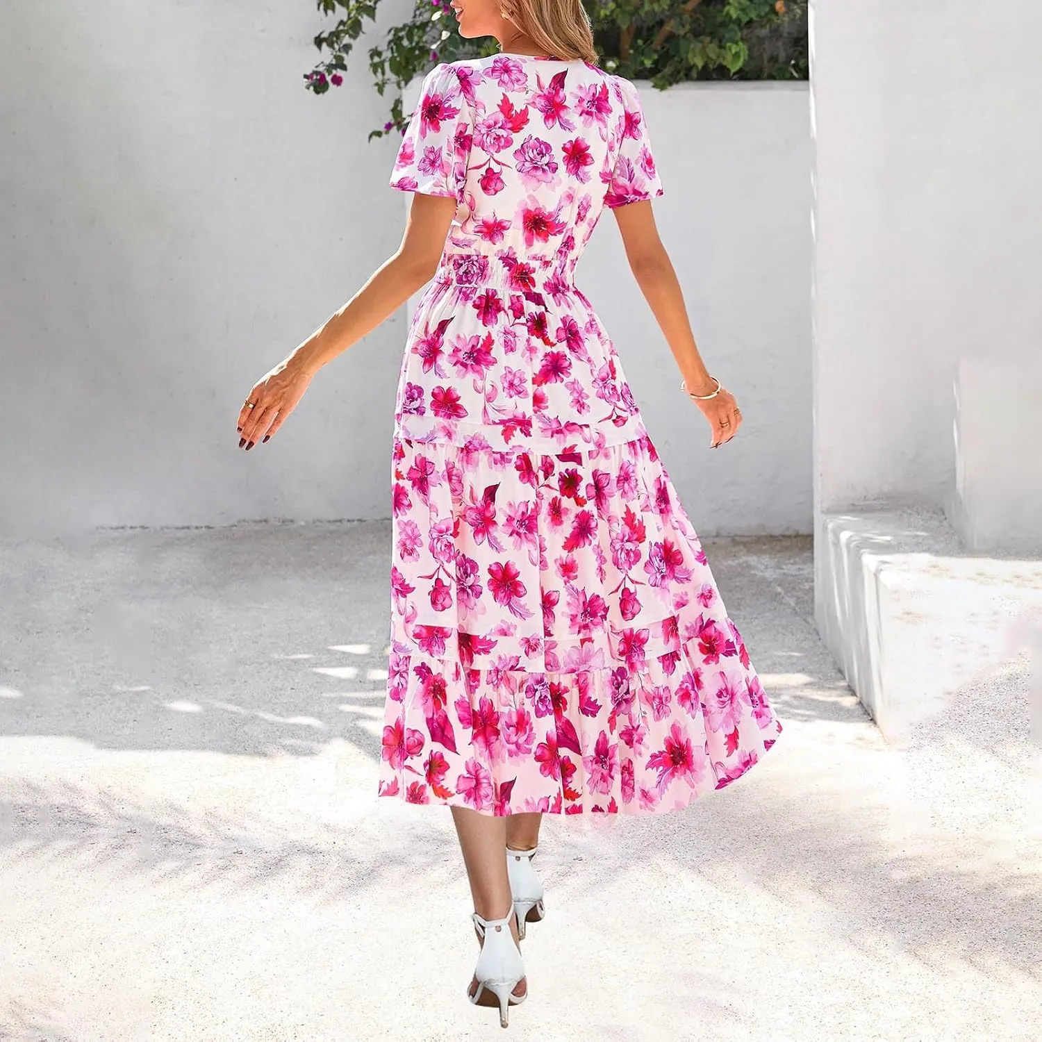 Women Short Sleeve Vintage Beach Dresses Boho Floral Print Sundress Fashion Flowy Casual Loose Clothes