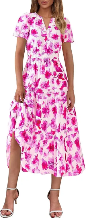 Women Short Sleeve Vintage Beach Dresses Boho Floral Print Sundress Fashion Flowy Casual Loose Clothes