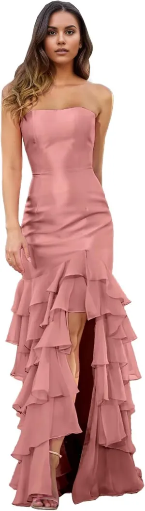 Women Strapless Tiered Mermaid Prom Dress Ruffles Chiffon Sweetheart Formal Evening Party Gowns 2025 DR0748