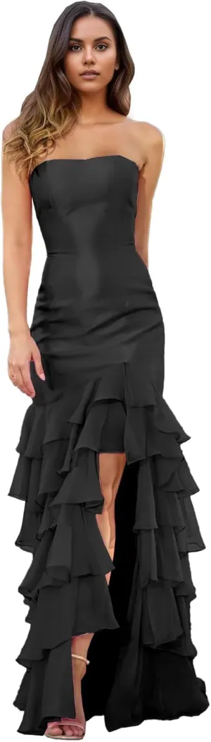 Women Strapless Tiered Mermaid Prom Dress Ruffles Chiffon Sweetheart Formal Evening Party Gowns 2025 DR0748