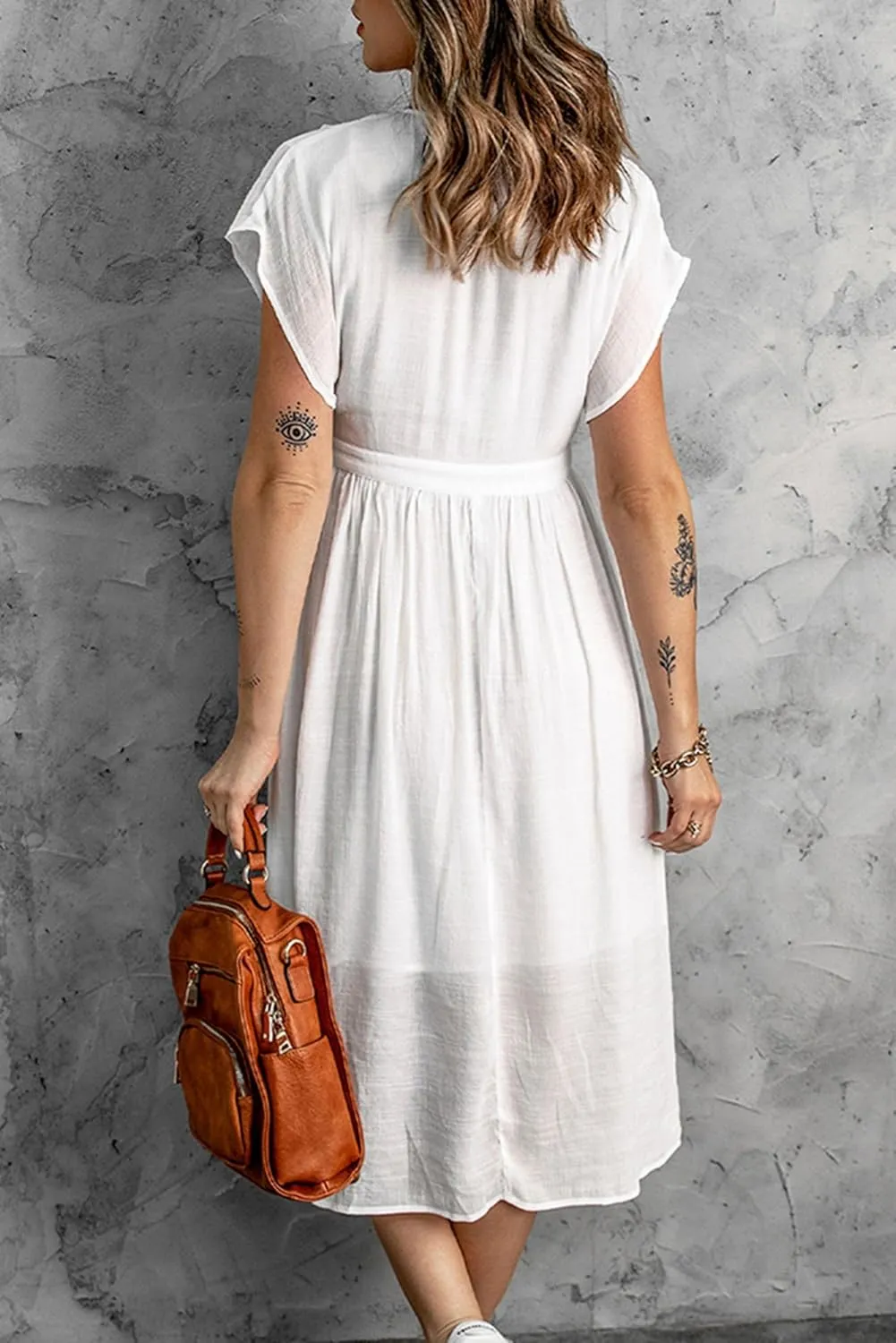 Women Summer Button Down V Neck Midi Dress Cap Sleeve Flowy Long Dresses High Pleated Waist Beach Sundress