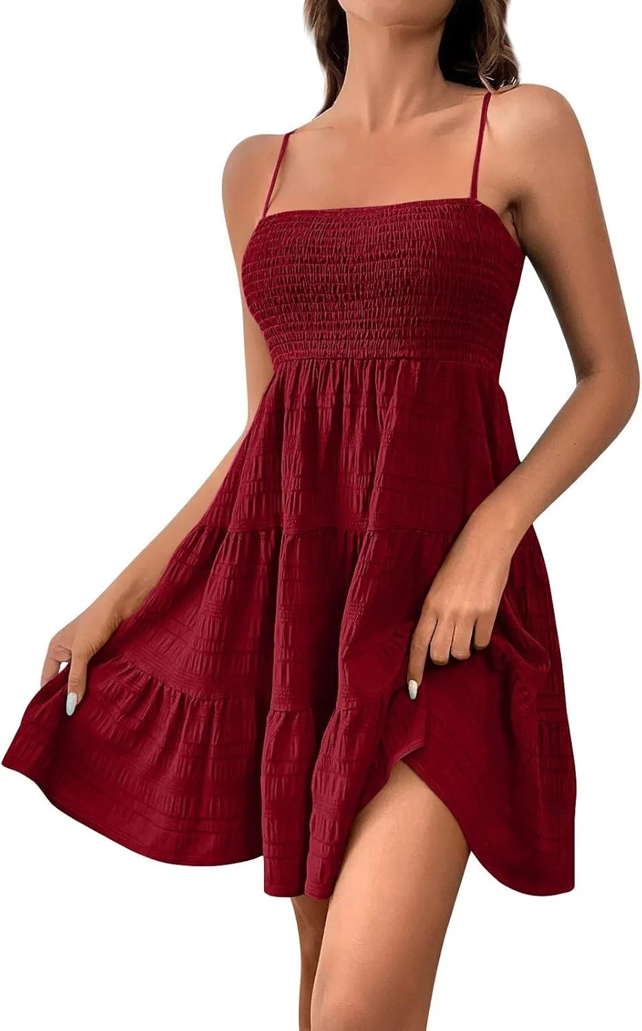 Women Summer Dresses Square Neck Spaghetti Strap Dress Casual Sleeveless Smocked Sundress A Line Tiered Beach Outfits
