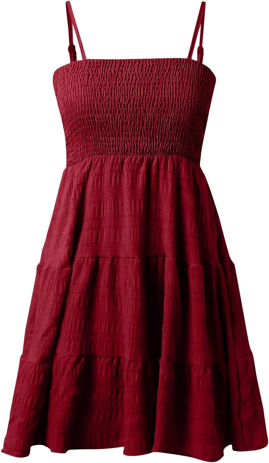 Women Summer Dresses Square Neck Spaghetti Strap Dress Casual Sleeveless Smocked Sundress A Line Tiered Beach Outfits