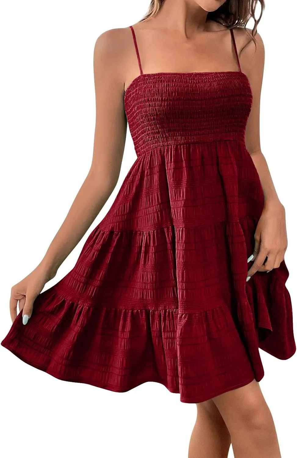 Women Summer Dresses Square Neck Spaghetti Strap Dress Casual Sleeveless Smocked Sundress A Line Tiered Beach Outfits