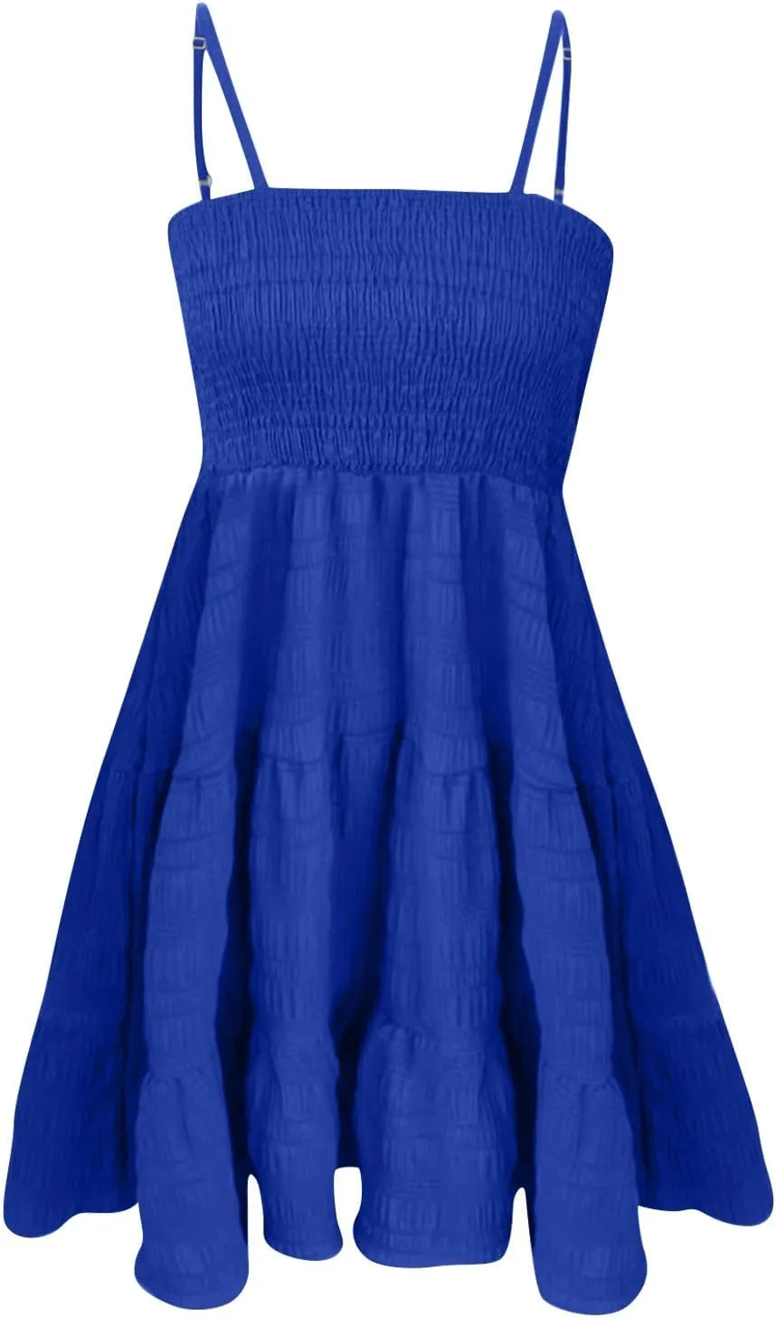 Women Summer Dresses Square Neck Spaghetti Strap Dress Casual Sleeveless Smocked Sundress A Line Tiered Beach Outfits