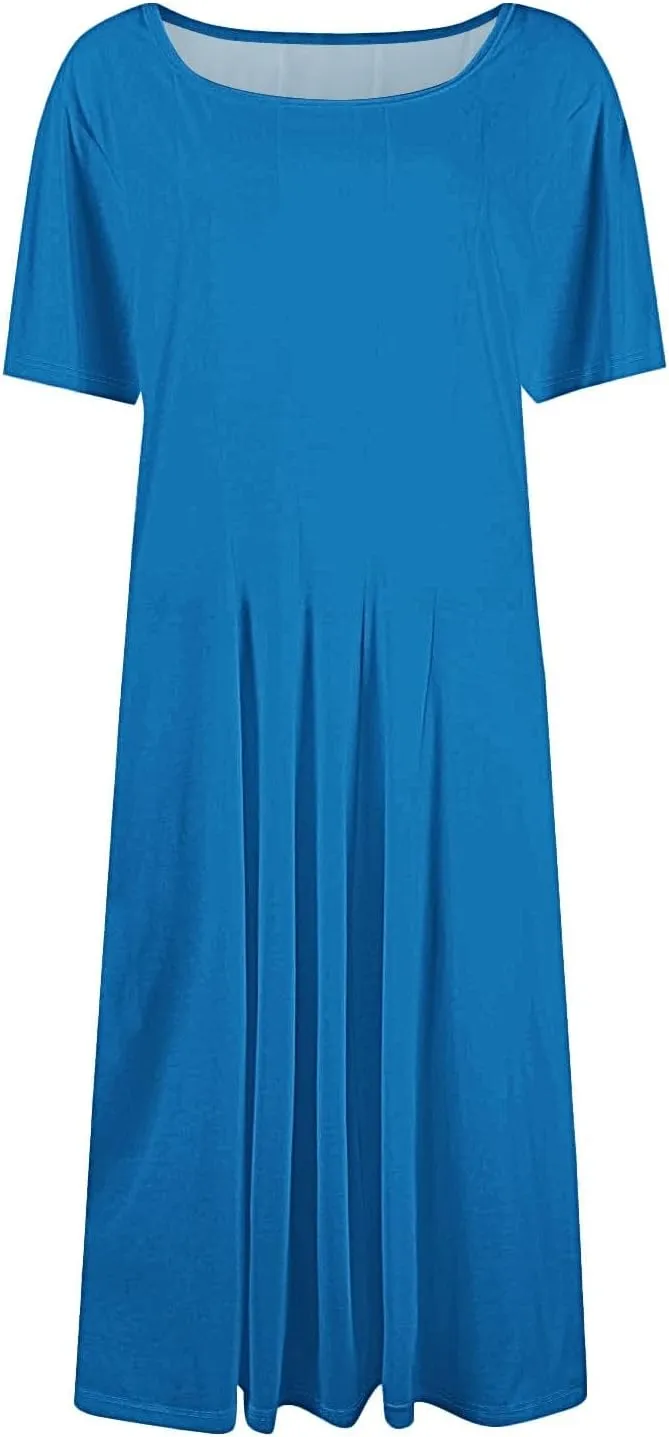Women Summer Short Sleeve Midi Dress with Pockets Casual Aline Flowy Tshirt Dress Floral Vocation Beach Sundress