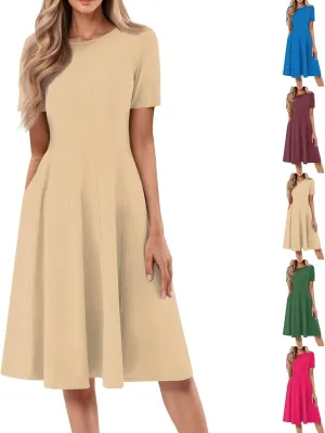 Women Summer Short Sleeve Midi Dress with Pockets Casual Aline Flowy Tshirt Dress Floral Vocation Beach Sundress