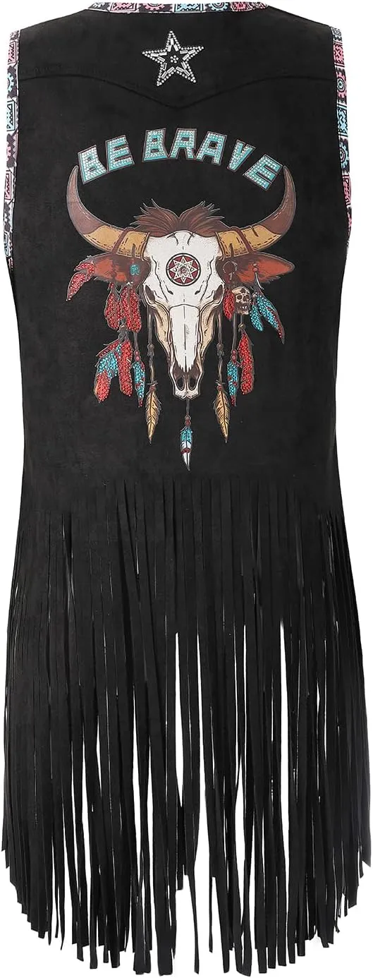 Women Tassel Sleeveless Rhinestone Cowgirl Vest 70s Hippie Faux Suede Fringe Jacket