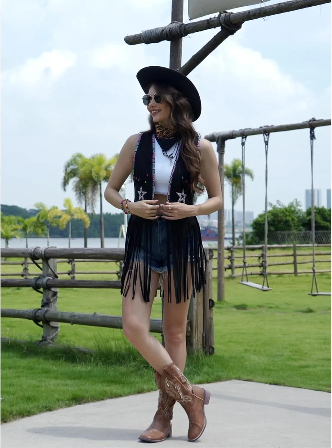 Women Tassel Sleeveless Rhinestone Cowgirl Vest 70s Hippie Faux Suede Fringe Jacket