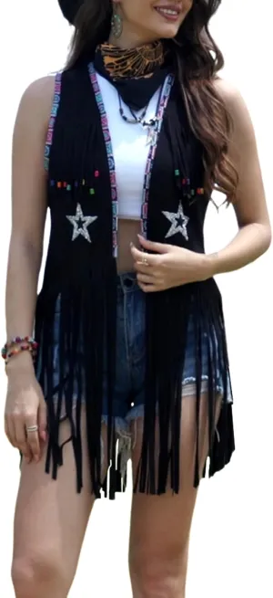 Women Tassel Sleeveless Rhinestone Cowgirl Vest 70s Hippie Faux Suede Fringe Jacket