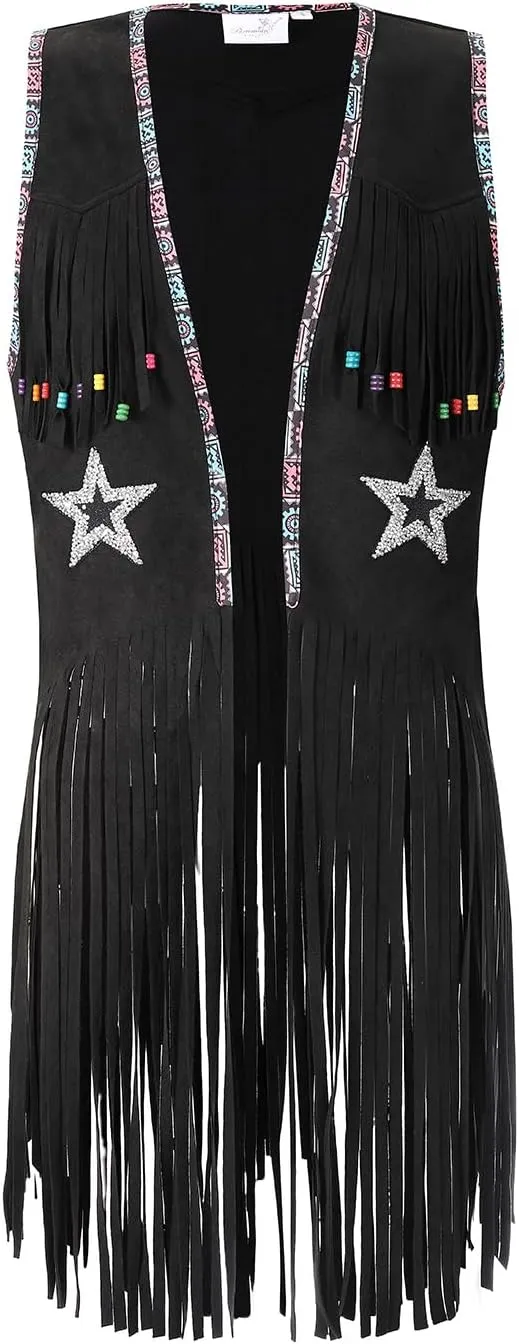 Women Tassel Sleeveless Rhinestone Cowgirl Vest 70s Hippie Faux Suede Fringe Jacket