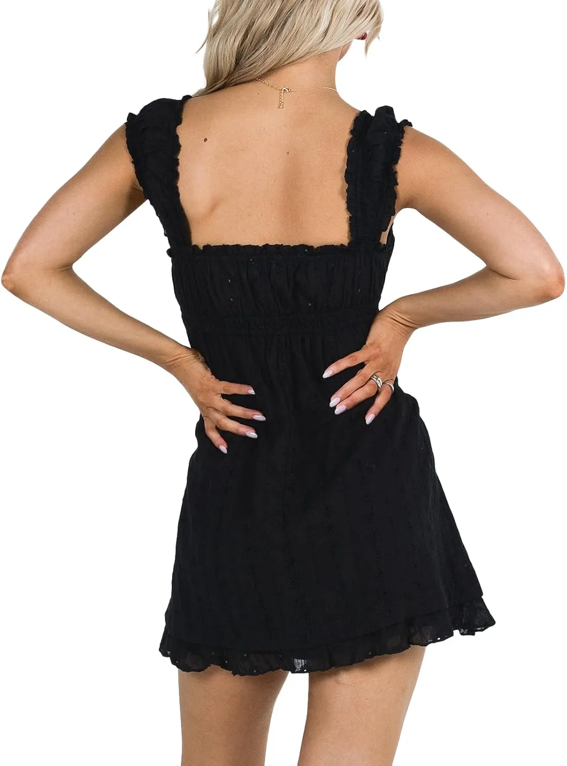Women Y2k Babydoll Mini Dress Sleeveless Lace Trim Square Neck Floral Embroidery Swing Short Dress Boho Sundress