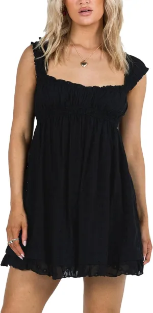 Women Y2k Babydoll Mini Dress Sleeveless Lace Trim Square Neck Floral Embroidery Swing Short Dress Boho Sundress