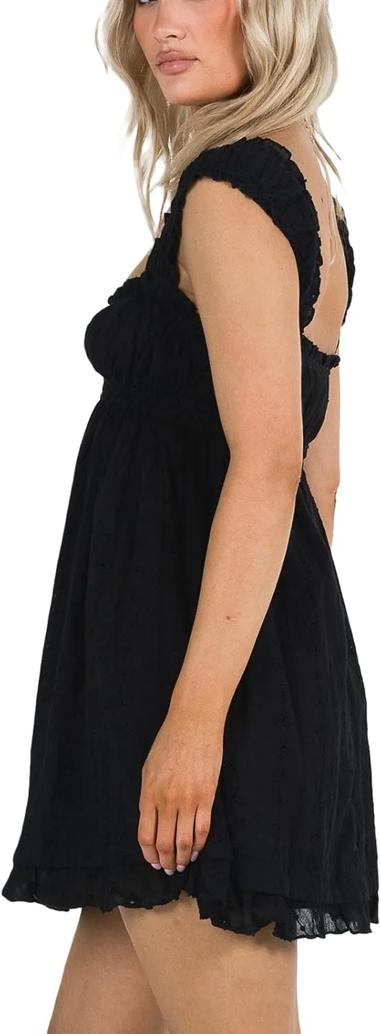 Women Y2k Babydoll Mini Dress Sleeveless Lace Trim Square Neck Floral Embroidery Swing Short Dress Boho Sundress