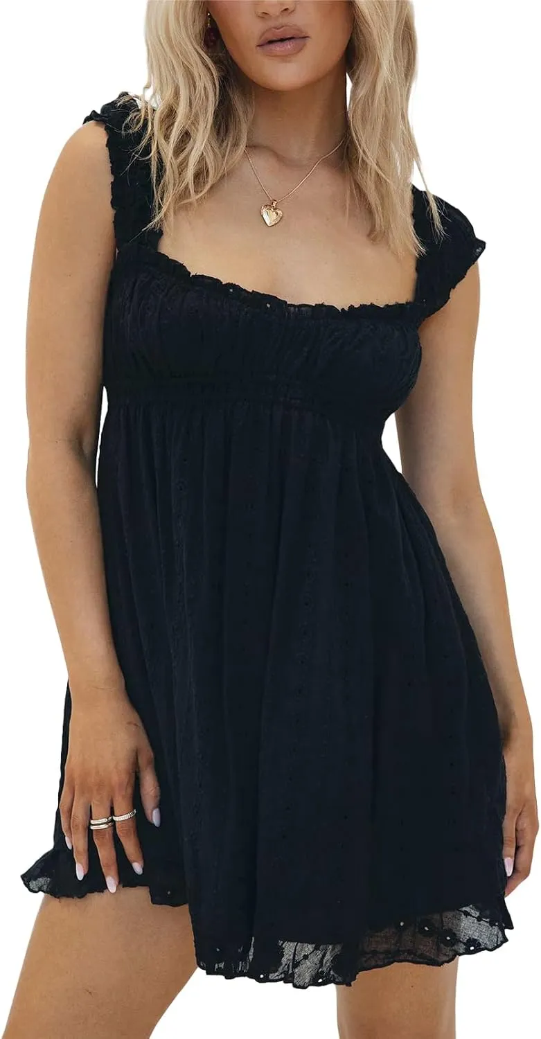 Women Y2k Babydoll Mini Dress Sleeveless Lace Trim Square Neck Floral Embroidery Swing Short Dress Boho Sundress
