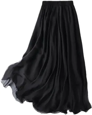 Women's 100% Mulberry Silk Solid Long Skirt with Double Lining Summer Beach Big Hem Skirts