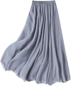 Women's 100% Mulberry Silk Solid Long Skirt with Double Lining Summer Beach Big Hem Skirts
