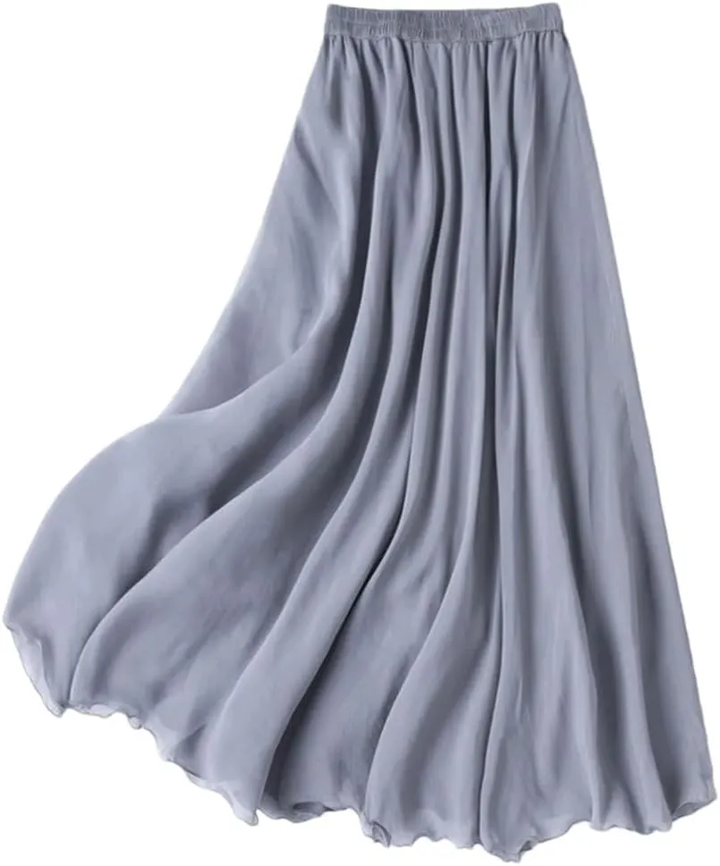 Women's 100% Mulberry Silk Solid Long Skirt with Double Lining Summer Beach Big Hem Skirts