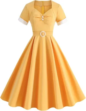 Women's 1950s Retro Dress Short Sleeve Swing Midi Dress Cocktail Dress 50s Style Dresses for Women Vintage