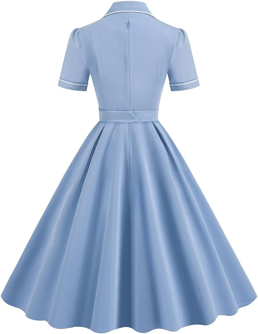 Women's 1950s Retro Dress Short Sleeve Swing Midi Dress Cocktail Dress 50s Style Dresses for Women Vintage