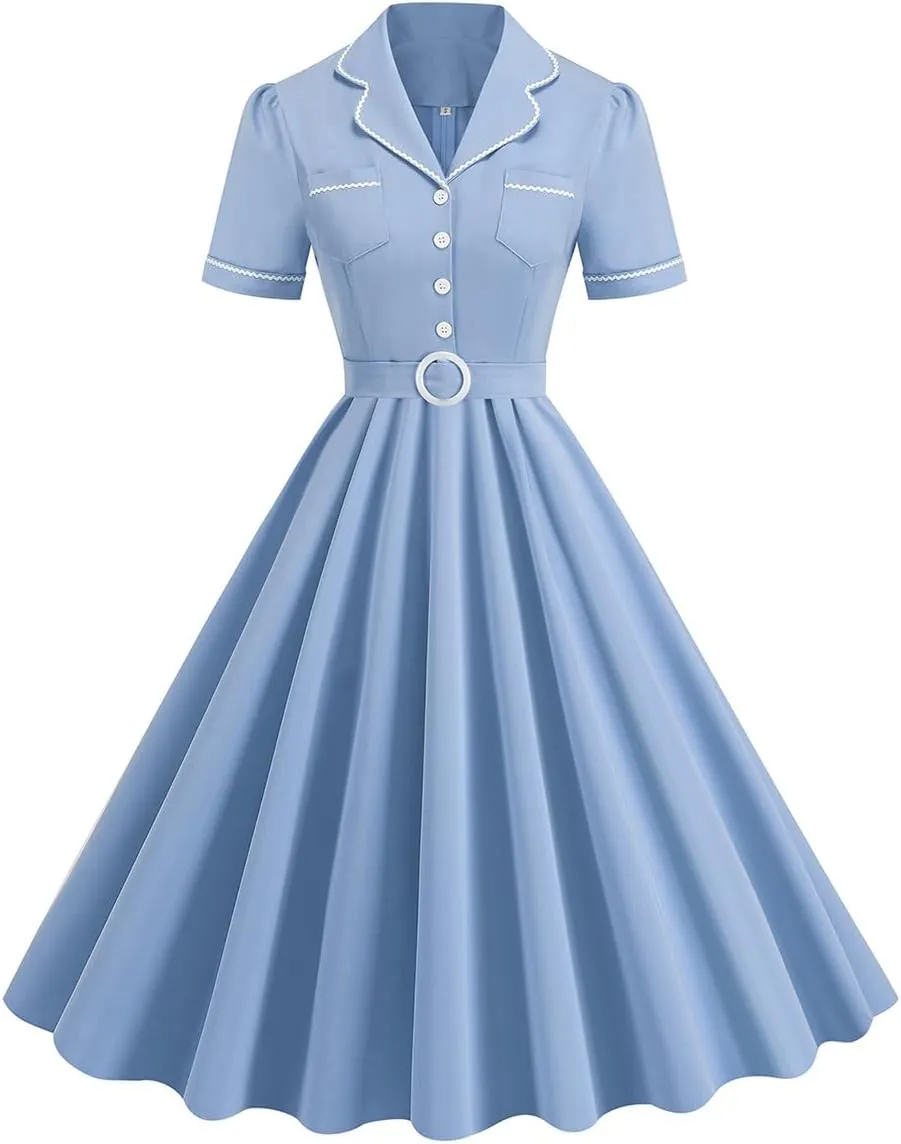 Women's 1950s Retro Dress Short Sleeve Swing Midi Dress Cocktail Dress 50s Style Dresses for Women Vintage