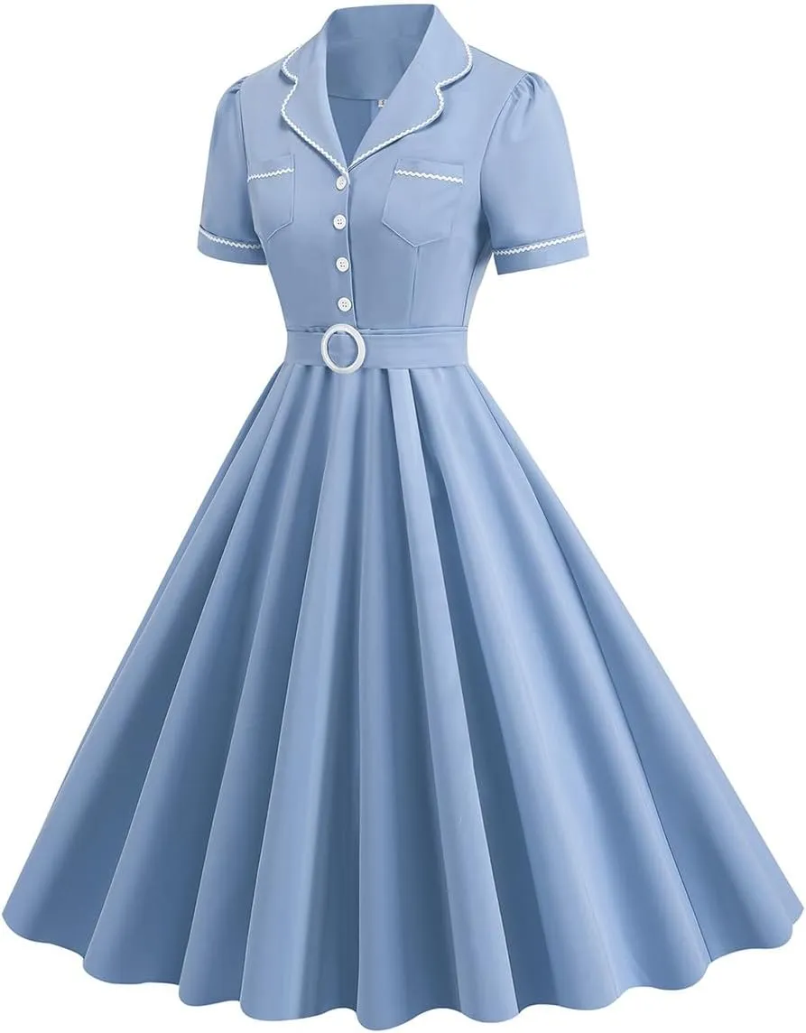 Women's 1950s Retro Dress Short Sleeve Swing Midi Dress Cocktail Dress 50s Style Dresses for Women Vintage